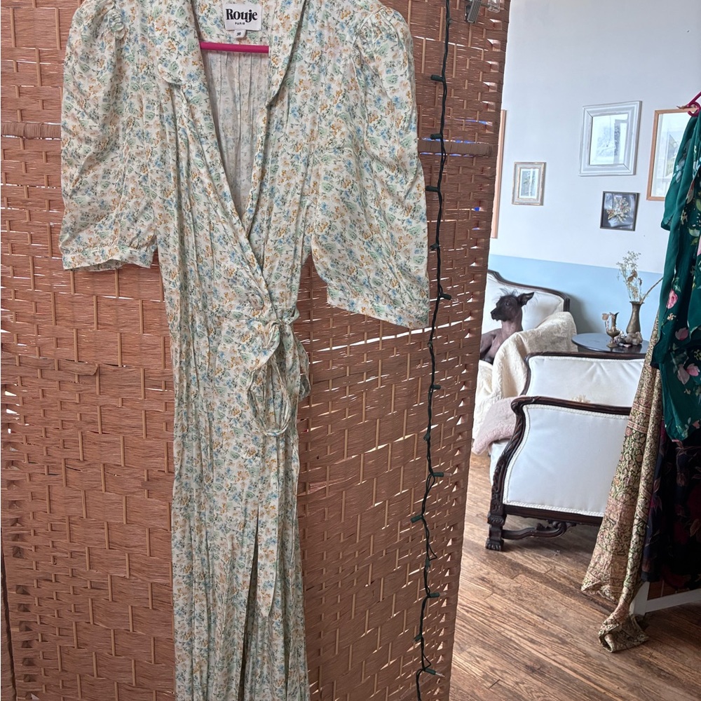 Rouje Louisa Cream Floral Wrap Dress with Blue and Mint Accents